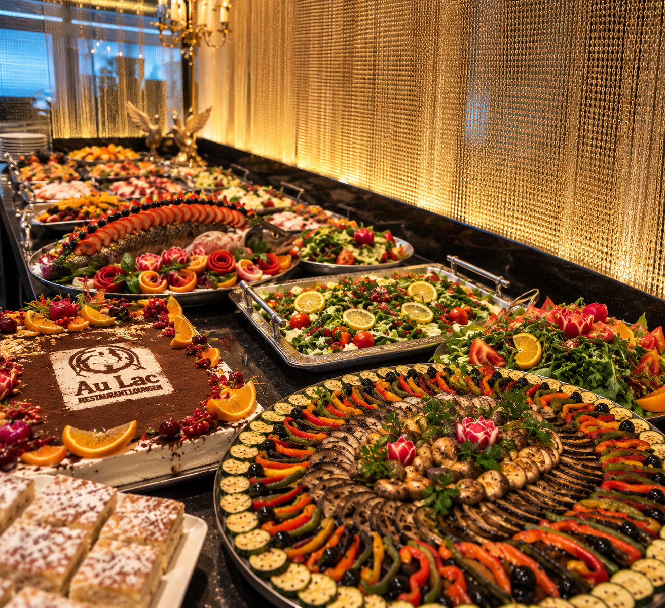 Buffet im Âu Lac vor der goldenen Wand: gegrilltes Gemüse, Salate, Lachs und Tiramisu mit dem Âu Lac Logo