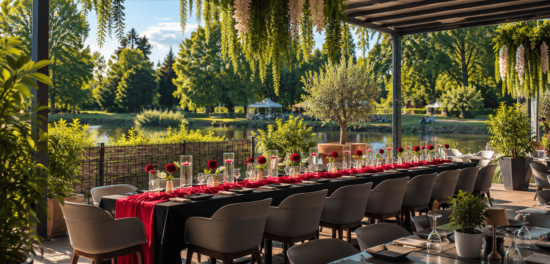 Lange Festtafel unter der begrünten Pergola am Fluss: schwarze Tischdecke mit rotem Läufer, rote Rosen und Kerzen in hohen Gläsern, dahinter das Wasser und die Bäume am anderen Ufer