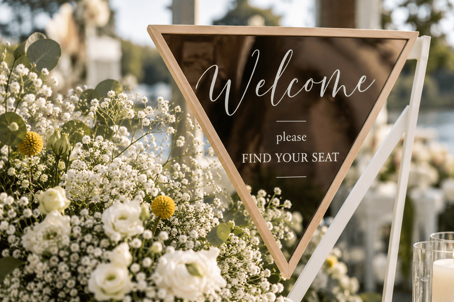 Willkommensschild „Welcome – please find your seat“ zwischen weißen Blumen