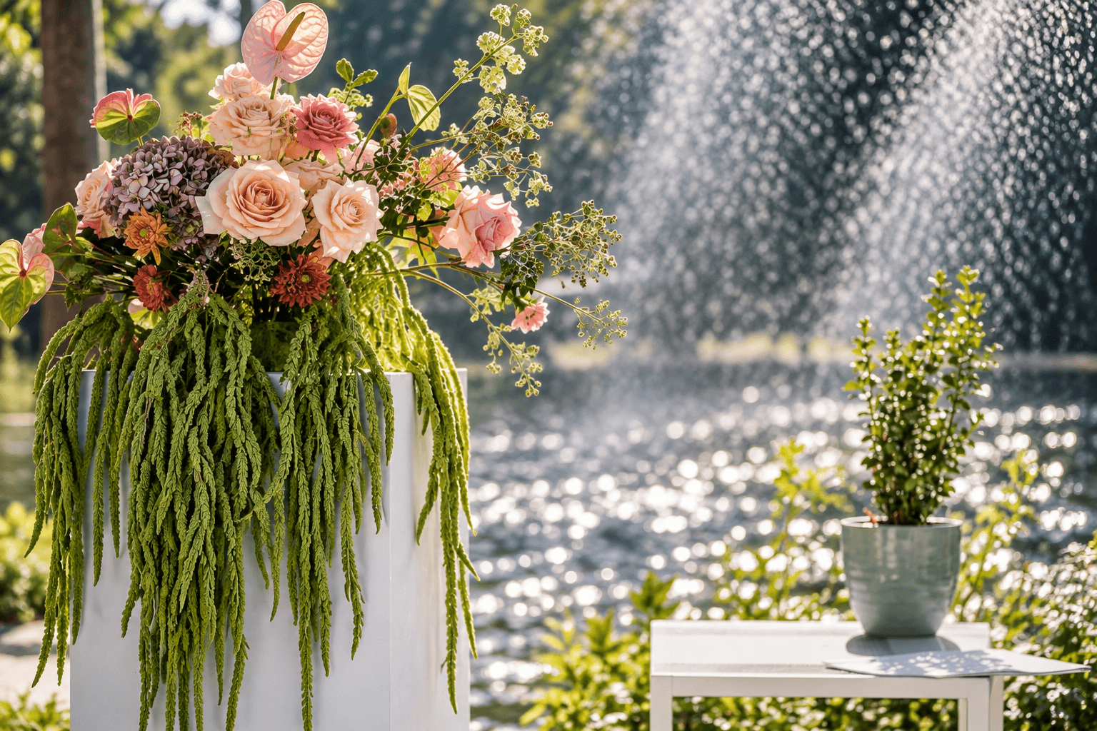 Blumengesteck mit Rosen und Amarant vor der Fontäne im Fluss