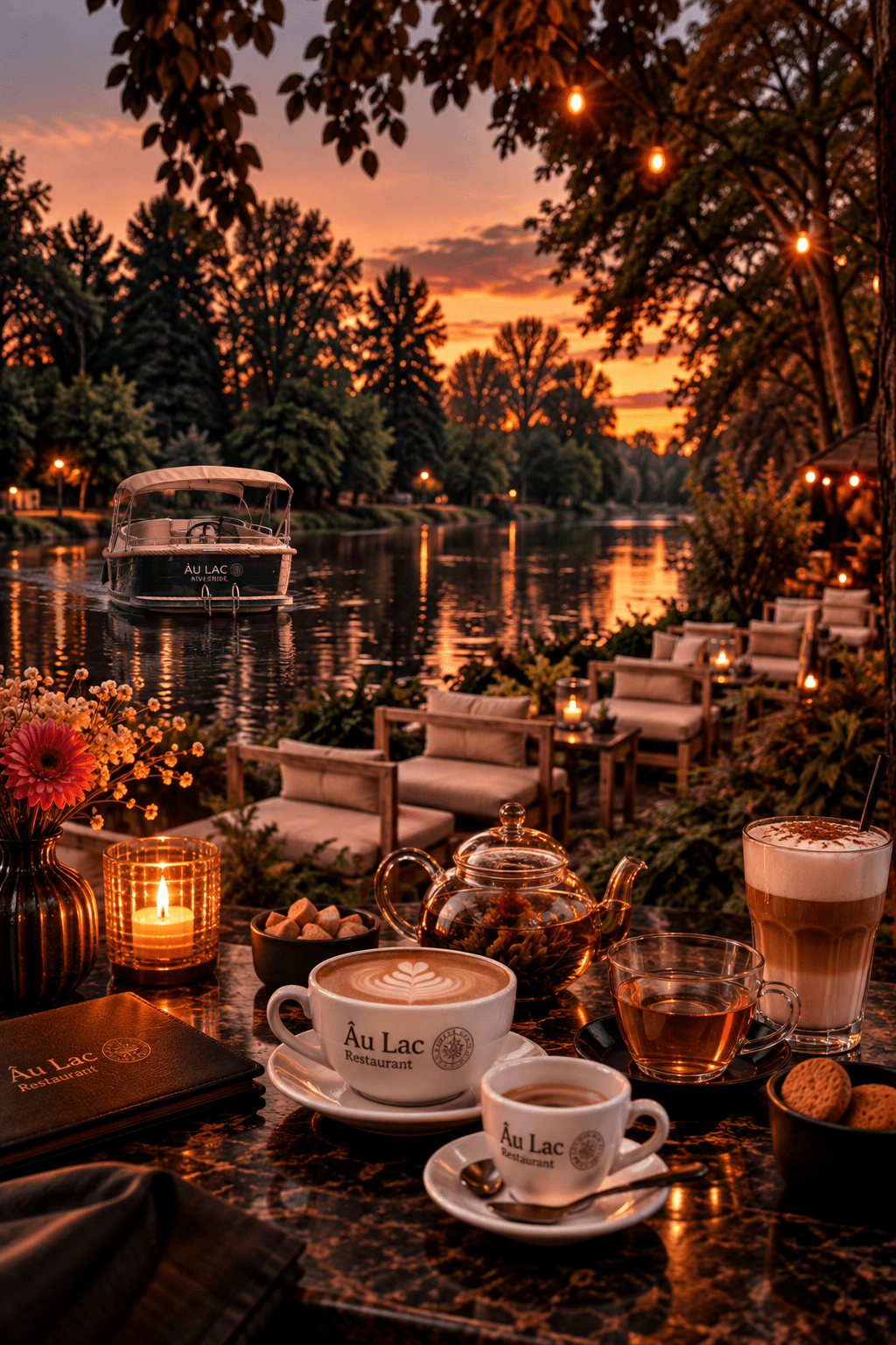 Cappuccino and espresso in Âu Lac cups, a glass teapot of tea and a latte macchiato on a table by the river at sunset, with the boat Âu Lac Riverside on the water behind