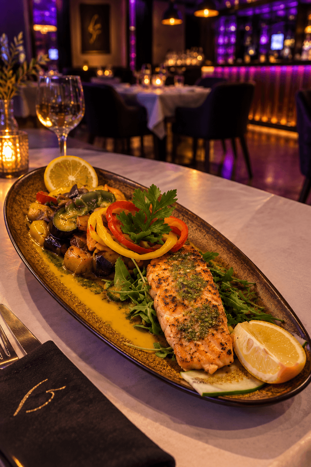 Grilled herb-crusted salmon fillet on an oval platter with rocket, grilled vegetables, peppers and lemon, on a laid table in the Âu Lac dining room in the evening