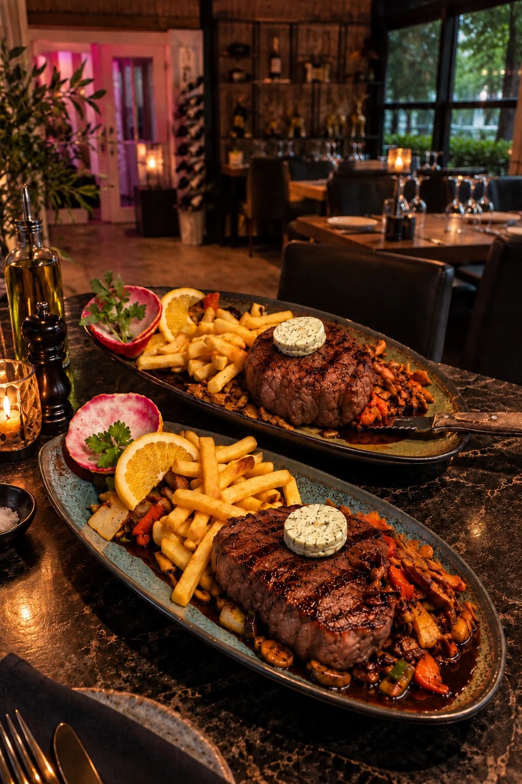 Two steak platters with herb butter, chips and sautéed mushrooms on a marble table in the Âu Lac dining room in the evening