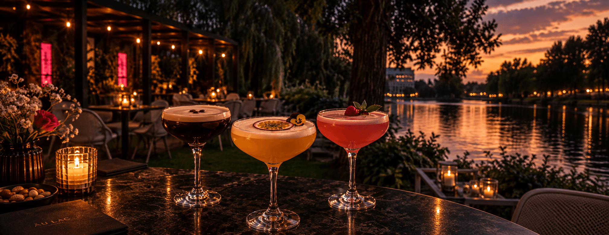 Espresso Martini, Pornstar Martini and Pink Rush on a table on the Âu Lac riverside terrace at sunset