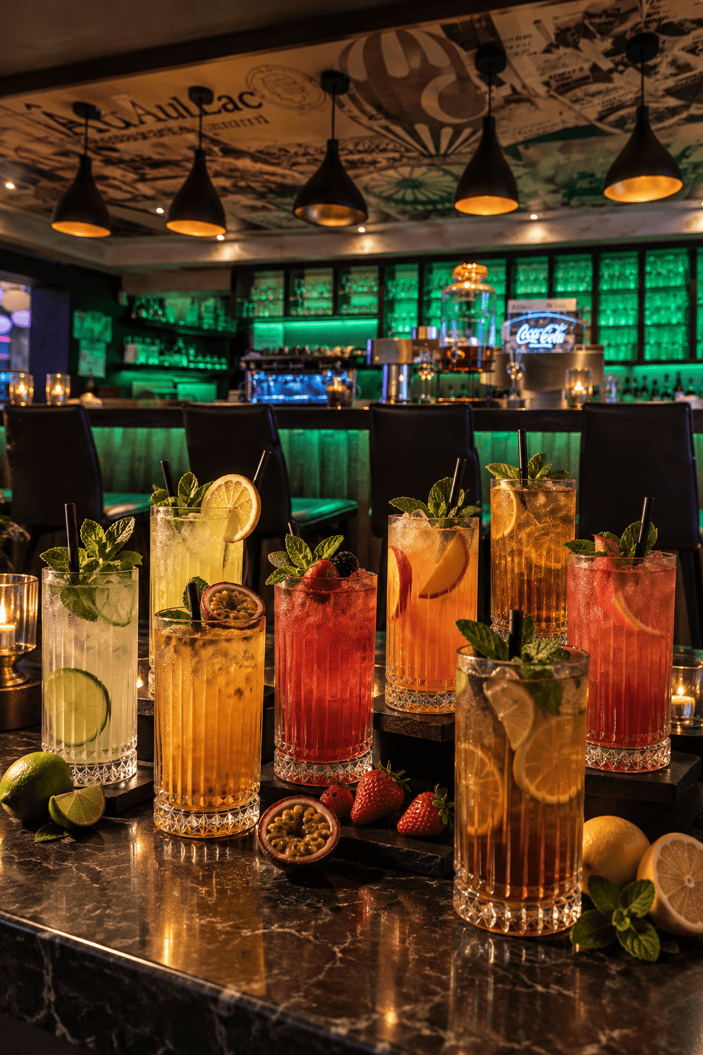 Homemade lemonades and iced teas in tall glasses on the Âu Lac bar: mint, lime, strawberry and passion fruit in front of the green-lit bottle wall
