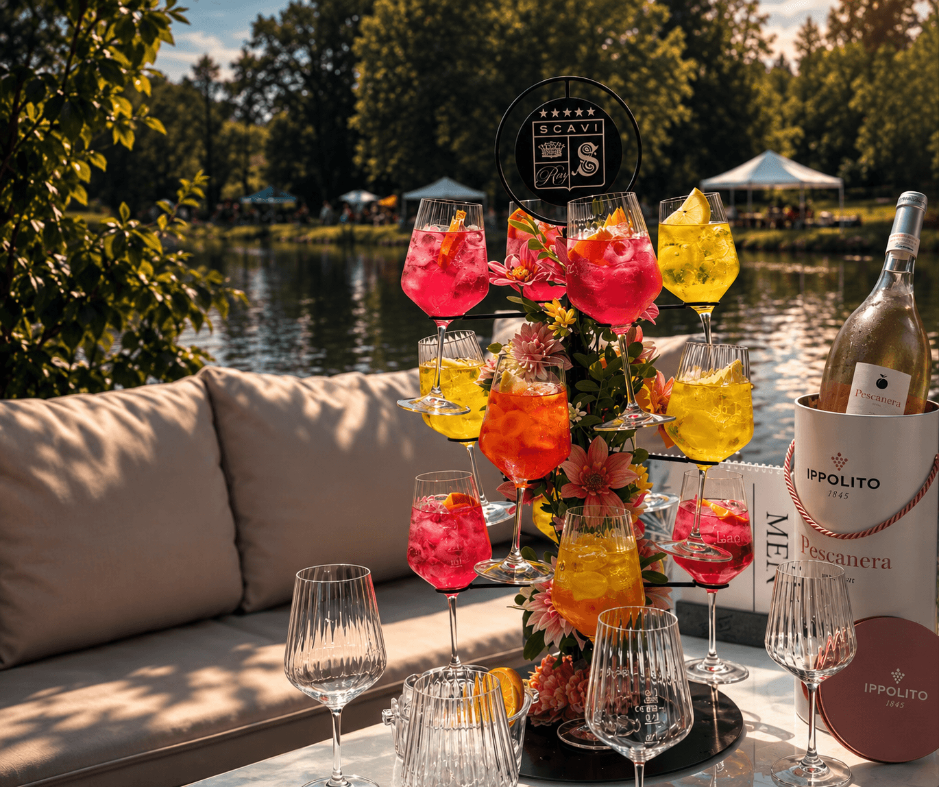 A cocktail tree on the riverbank: aperitifs in pink, orange and yellow among fresh flowers, with the river behind