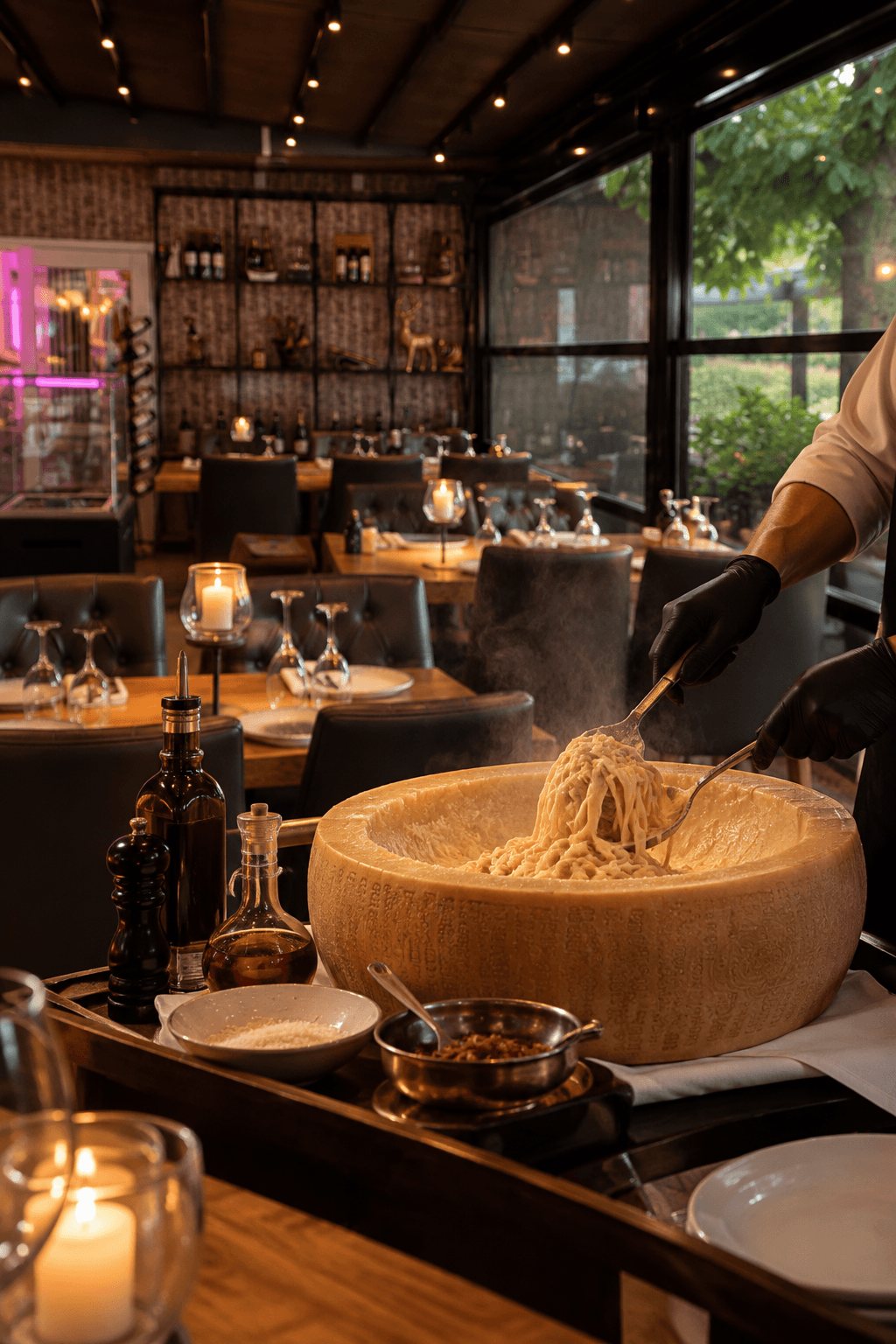 Pasta being tossed at the table in a wheel of Parmesan, with the Âu Lac dining room behind – candles, wine rack and a wall of windows