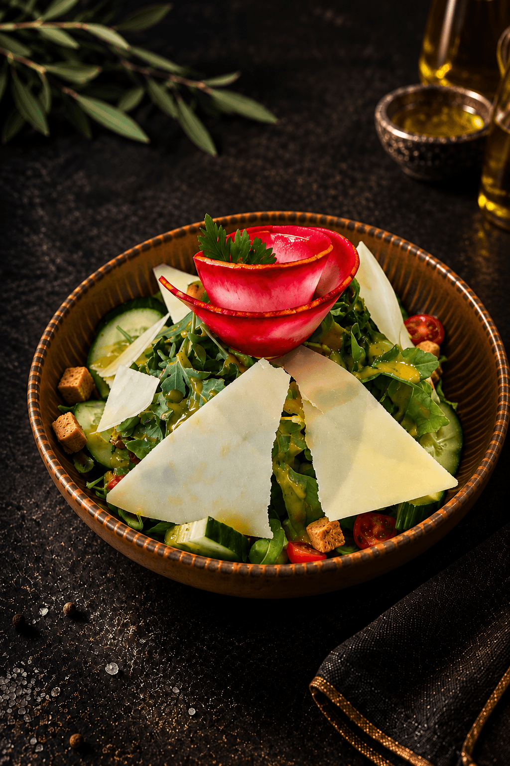 Rocket salad in a wooden bowl with Parmesan shavings, cucumber, cherry tomatoes, croutons and a radish rose, beside it an olive branch and olive oil