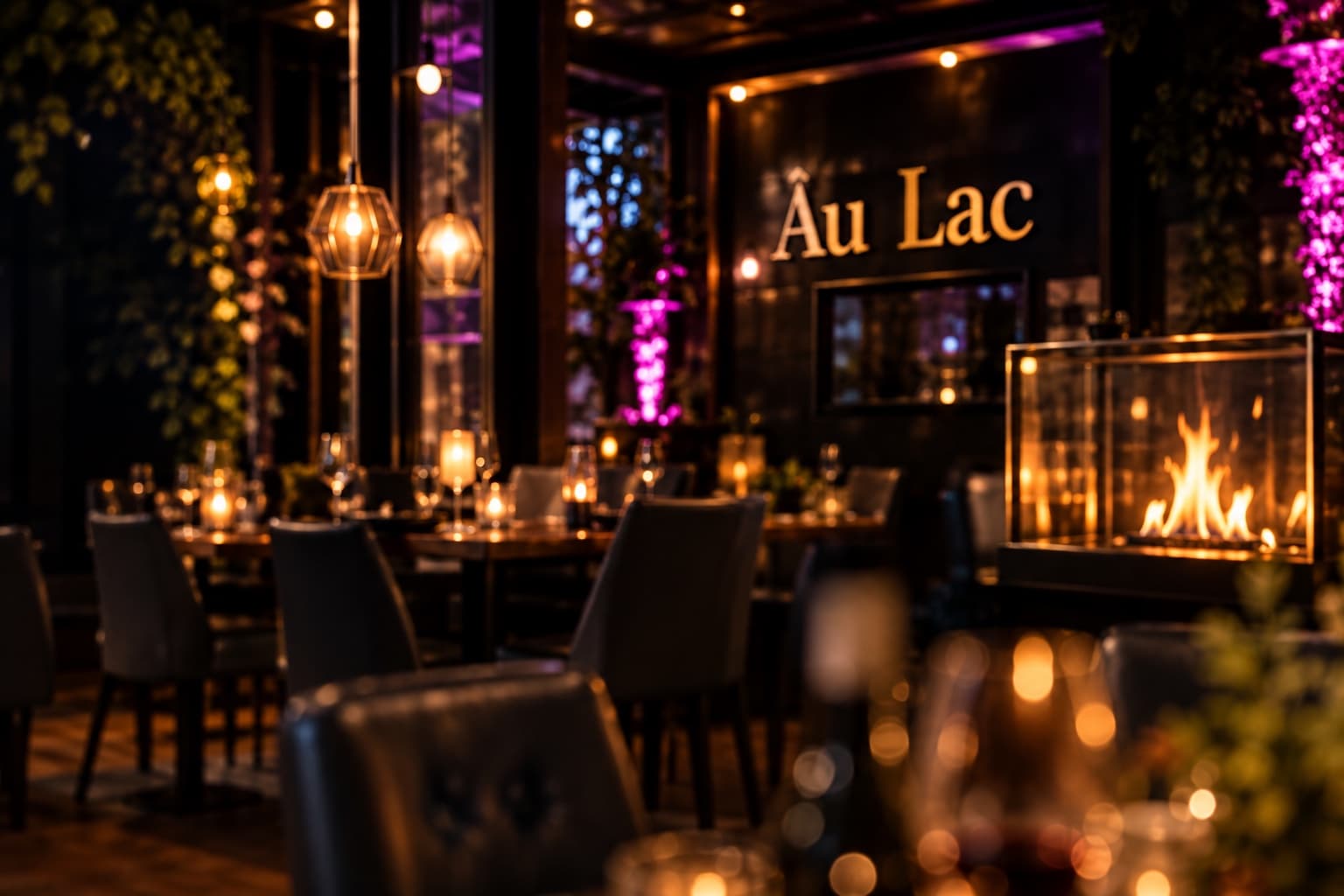 The Âu Lac dining room in the evening: pendant lights and candles above the laid tables, the lettering on the wall and the open fire