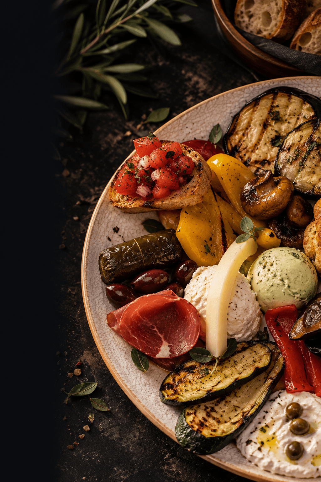 Antipasti platter with bruschetta, grilled vegetables, olives, cured ham, cheese and dips on a dark background